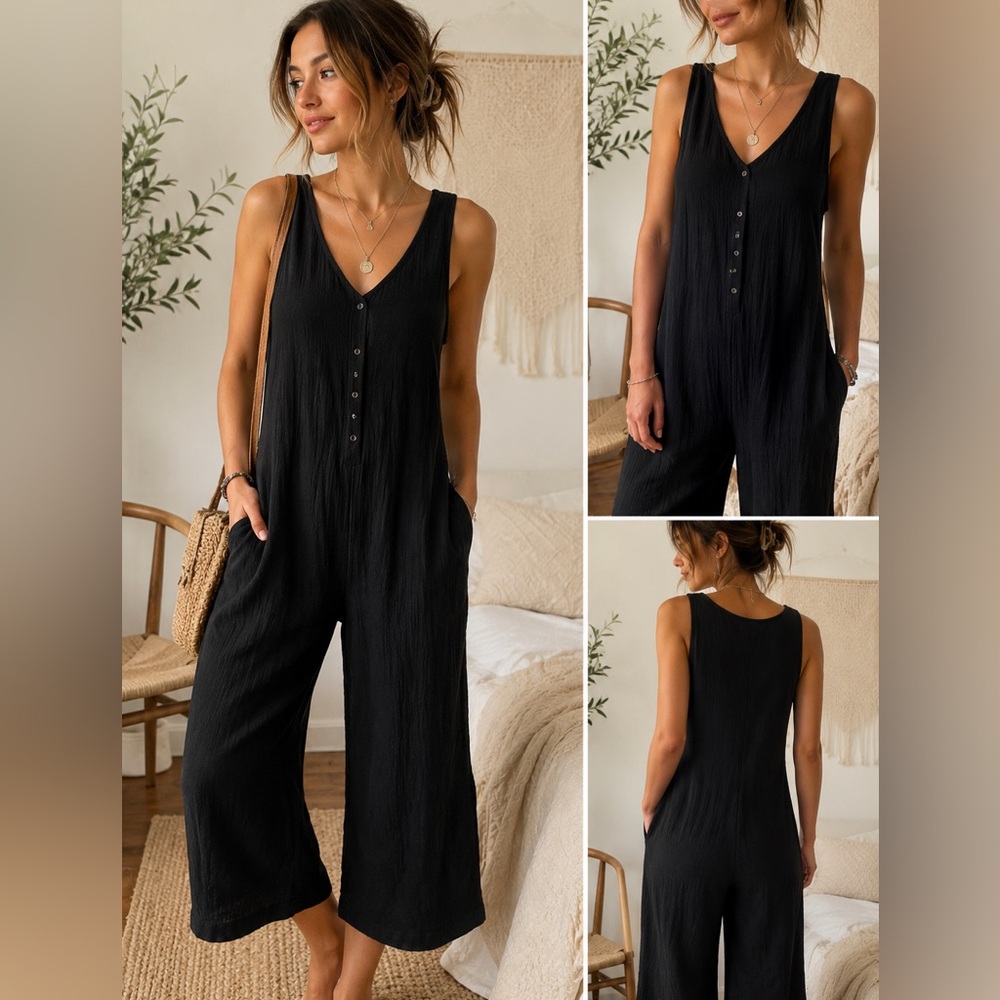 Free People Black Sleeveless V-Neck Button-Front Wide-Leg Jumpsuit Size s/m